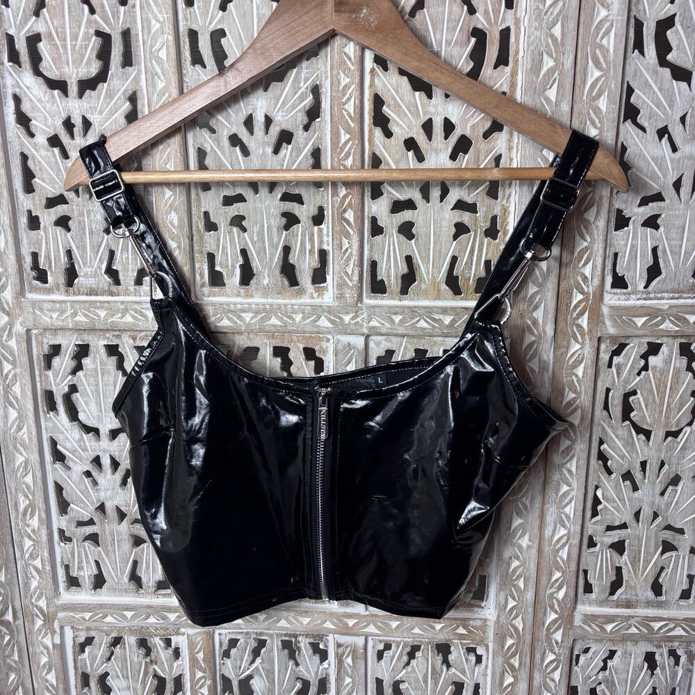 Killstar Haunt Me Now Crop Top Clip Straps Grunge Black Patent Leather Goth L